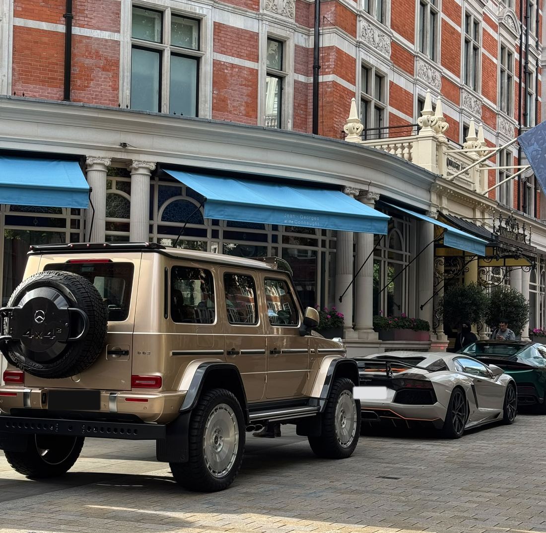Mercedes G-Wagon and Lamborghini outside The Connaught, Mayfair
