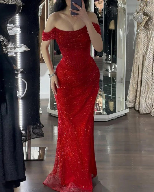 Elegant Red Off Shoulder Evening Dress