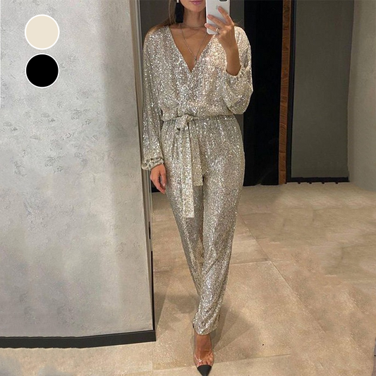 Sparkly V Neck Belted Jumpsuit