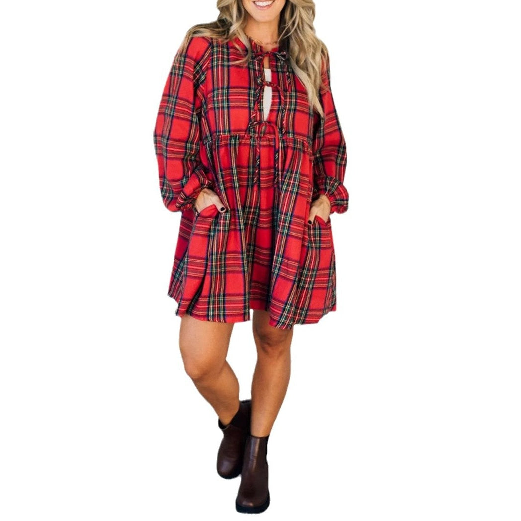 Women's Plaid Dress with Tie Bows Front