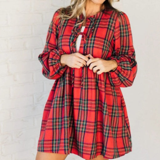 Women's Plaid Dress with Tie Bows Front